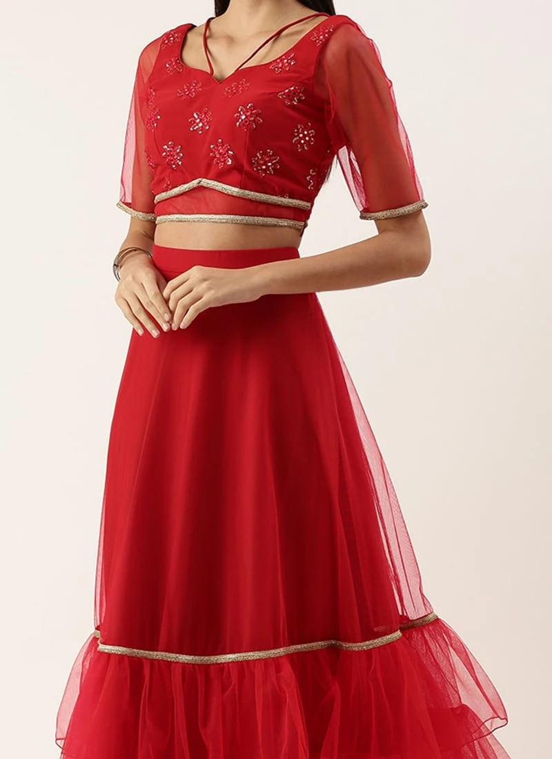 Dupatta From Red Georgette Sequins Layered Lehenga After Six Wear 3 Dupatta From Red Georgette Sequins Layered Lehenga After Six Wear