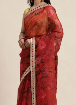 Red Organza Digital Printed Saree N Yellow Blouse Festive Wear
