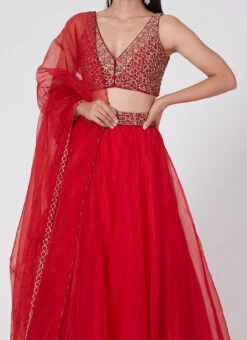 Red Organza Embroidered Umbrella Lehenga Party Wear