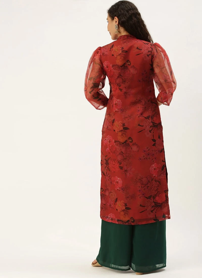 Red Organza N Green Kurta Palazzo Set After Six Wear 6 Red Organza N Green Kurta Palazzo Set After Six Wear - Image 4