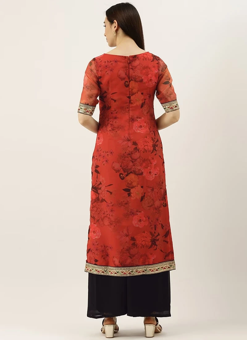 Red Printed Organza Calf Length Top Festive Wear 6 Red Printed Organza Calf Length Top Festive Wear - Image 4