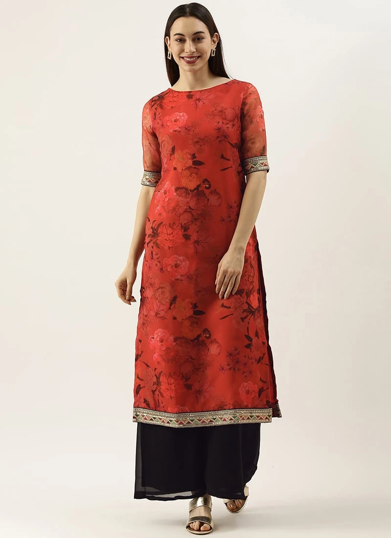 Red Printed Organza Calf Length Top Festive Wear 5 Red Printed Organza Calf Length Top Festive Wear - Image 3