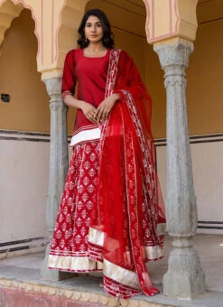 Red Pure Cotton Printed Long Choli Lehenga Party Wear -ZariGrace Shop Red Pure Cotton Printed Long Choli Lehenga GHJPJN41 u