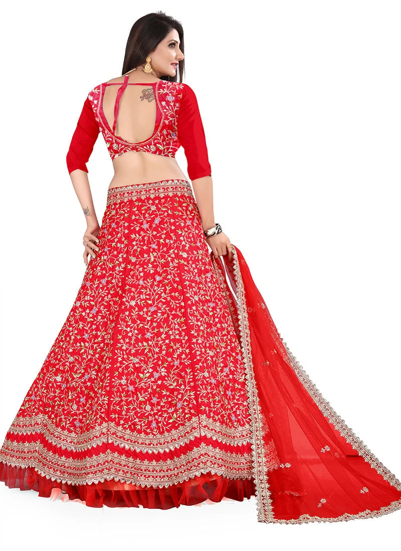 Red Satin Embroidered Umbrella Lehenga Wedding Wear 6 Red Satin Embroidered Umbrella Lehenga Wedding Wear - Image 4