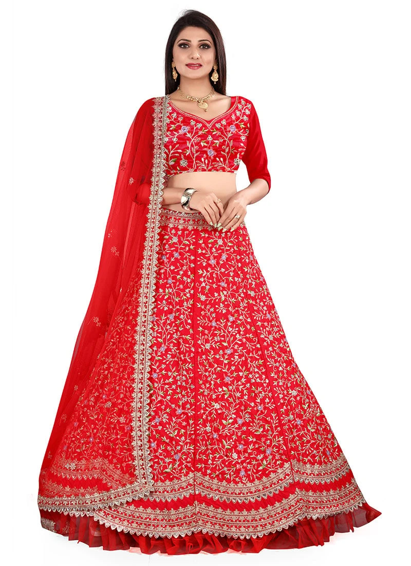 Red Satin Embroidered Umbrella Lehenga Wedding Wear 5 Red Satin Embroidered Umbrella Lehenga Wedding Wear - Image 3