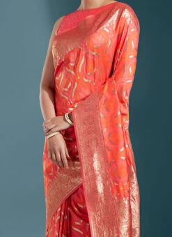 Red Satin Zari Woven Work Saree Festive Wear