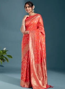 Red Satin Zari Woven Work Saree Festive Wear -ZariGrace Shop Red Satin Zari Woven Work Saree SASRFST121R u