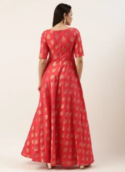 Red Taffeta Jacquard Half Circular Dress Festive Wear -ZariGrace Shop Red Taffeta Jacquard Half Circular Dress DRBS02204664 b