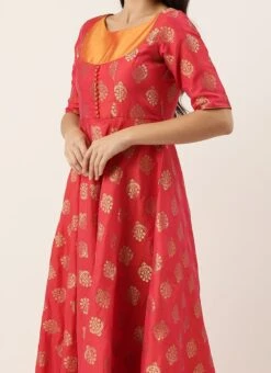 Red Taffeta Jacquard Half Circular Dress Festive Wear