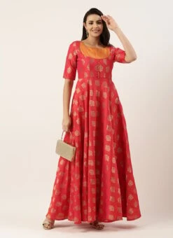 Red Taffeta Jacquard Half Circular Dress Festive Wear -ZariGrace Shop Red Taffeta Jacquard Half Circular Dress DRBS02204664 u