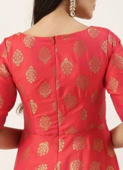 Red Taffeta Jacquard Half Circular Dress Festive Wear -ZariGrace Shop Red Taffeta Jacquard Half Circular Dress DRBS02204664 rrc2