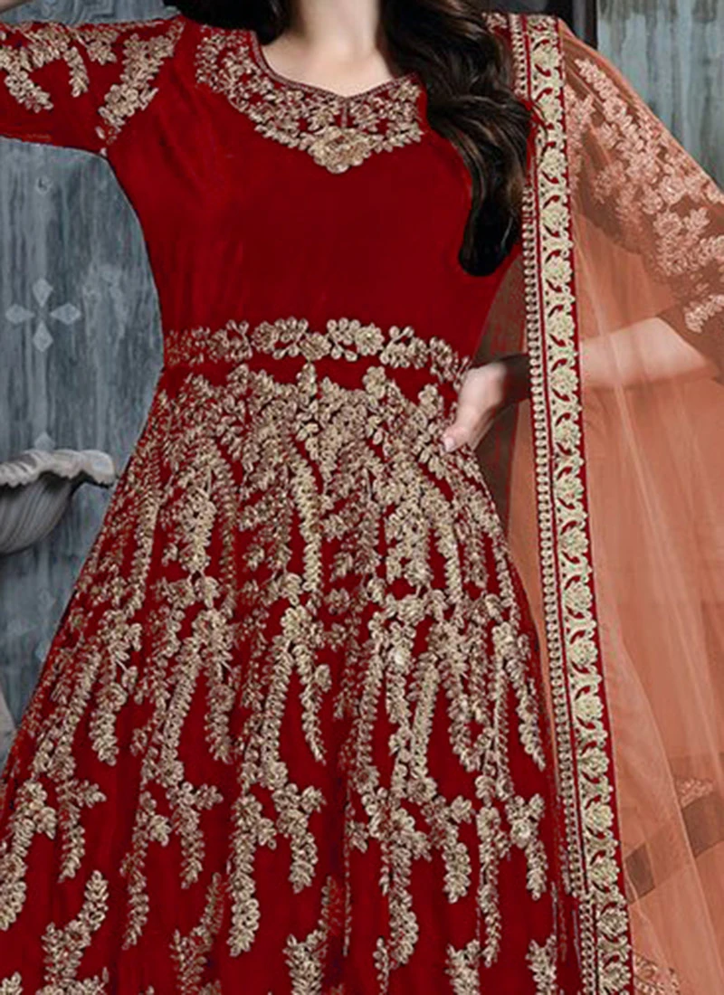 Red Velvet Anarkali Suit Party Wear 3 Red Velvet Anarkali Suit Party Wear