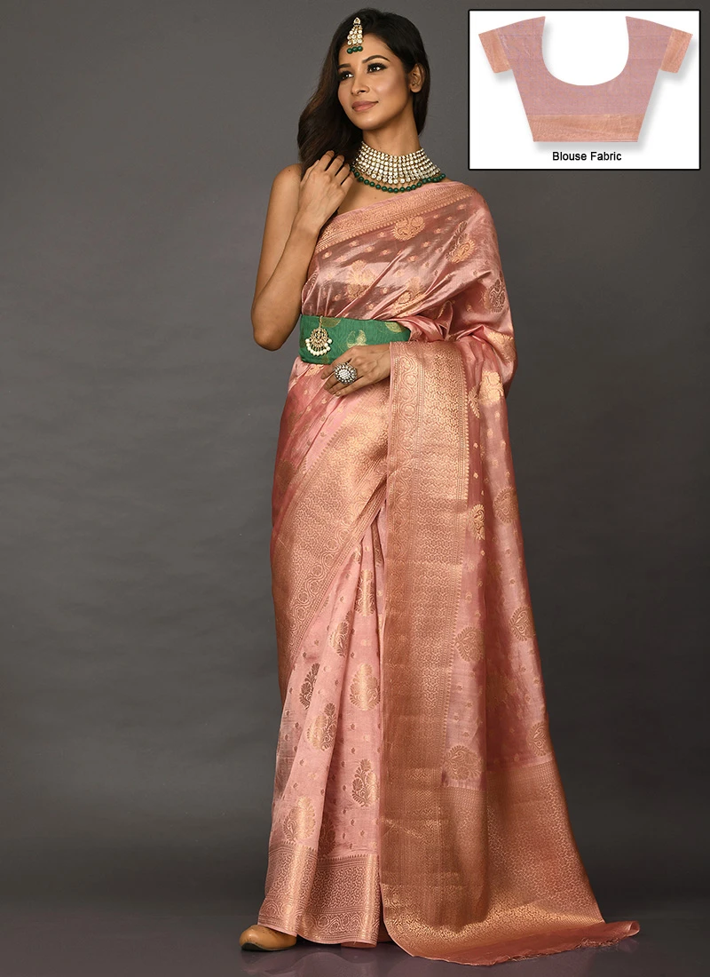 Rose Gold Pink Pure Silk Zari Weaving Traditional Saree Festive Wear 5 Rose Gold Pink Pure Silk Zari Weaving Traditional Saree Festive Wear - Image 3