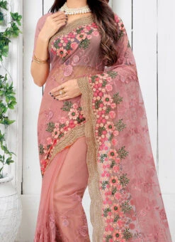 Rouge Pink Net Thread Embroidery Saree Party Wear
