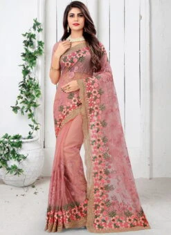 Rouge Pink Net Thread Embroidery Saree Party Wear -ZariGrace Shop Rouge Pink Net Thread Embroidery Saree SASUN1005 u