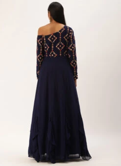 Royal Blue Embroidered One Shoulder Ruffle Gown Party Wear -ZariGrace Shop Royal Blue Embroidered One Shoulder Ruffle Gown IWBS02301755 b