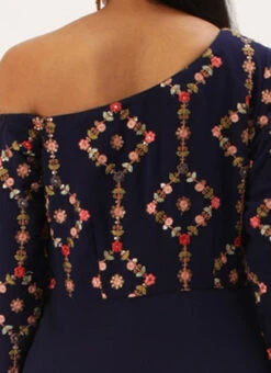 Royal Blue Embroidered One Shoulder Ruffle Gown Party Wear -ZariGrace Shop Royal Blue Embroidered One Shoulder Ruffle Gown IWBS02301755 rrc2