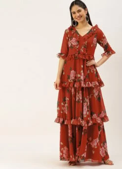 Rust Georgette Digital Printed Gown Festive Wear After Six Wear 12 Rust Georgette Digital Printed Gown Festive Wear After Six Wear -ZariGrace Shop Rust Georgette Digital Printed Gown DRBS02206242 u