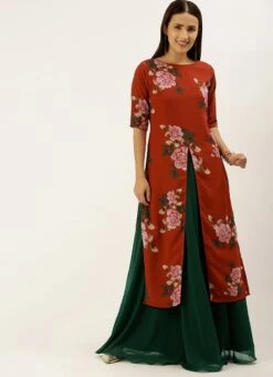 Rust Printed N Green Georgette Kurta Skirt Set After Six Wear -ZariGrace Shop Rust Printed N Green Georgette Kurta Skirt Set KSBS02107573 u