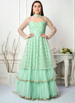 Sea Green Embroidered Layered Style Gown Wedding Wear -ZariGrace Shop Sea Green Embroidered Layered Style Gown IWBS02301713 u