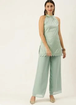 Sea Green Kurta With Wide Leg Pants Festive Wear -ZariGrace Shop Sea Green Kurta With Wide Leg Pants KSBS02109739 u