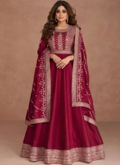 Shamita Shetty Maroon Art Silk Embroidered Anarkali Gown Party Wear -ZariGrace Shop Shamita Shetty Maroon Art Silk Embroidered Anarkali Gown BGWRSKA43579518 u