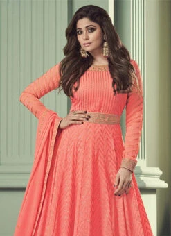 Shamita Shetty Peach Georgette Embroidered Anarkali Suit Party Wear -ZariGrace Shop Shamita Shetty Peach Georgette Embroidered Anarkali Suit SLSLI13518529 b
