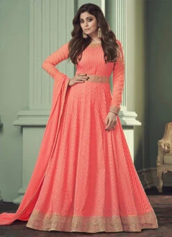 Shamita Shetty Peach Georgette Embroidered Anarkali Suit Party Wear -ZariGrace Shop Shamita Shetty Peach Georgette Embroidered Anarkali Suit SLSLI13518529 u