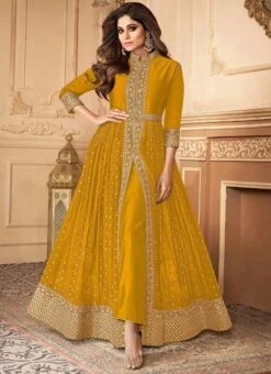 Shamita Shetty Yellow Georgette Embroidered Anarkali Party Wear -ZariGrace Shop Shamita Shetty Yellow Georgette Embroidered Anarka SLSAK7152G u