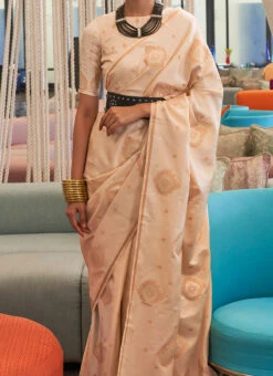 Silk Jacquard Woven Cream Color Saree Festive Wear