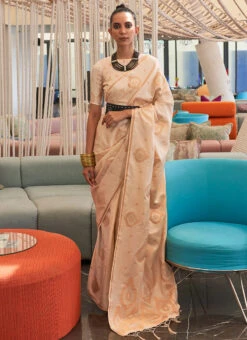 Silk Jacquard Woven Cream Color Saree Festive Wear 8 Silk Jacquard Woven Cream Color Saree Festive Wear -ZariGrace Shop Silk Jacquard Woven Cream Color Saree SASLI1983302006 u