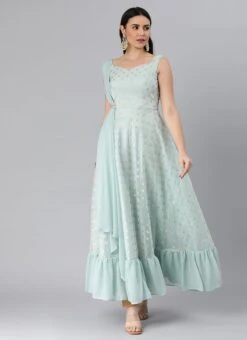 Sky Blue Organza Jacquard N Green Georgette Dress Wedding Wear -ZariGrace Shop Sky Blue Organza Jacquard N Green Georgette Dress DRBS02205066 u