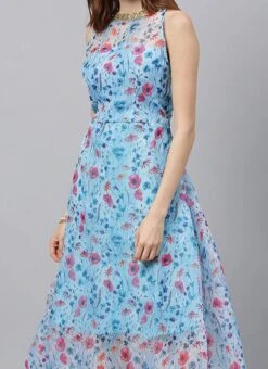 Sky Blue Printed Organza Asymmetrical Dress After Six Wear
