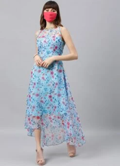 Sky Blue Printed Organza Asymmetrical Dress After Six Wear -ZariGrace Shop Sky Blue Printed Organza Asymmetrical Dress DRBS02105407 u