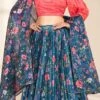 Teal Blue Organza Digital Print Umbrella Lehenga Festive Wear