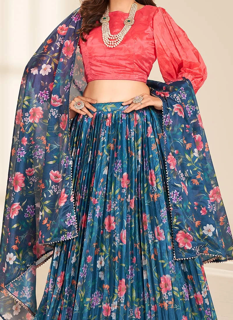 Teal Blue Organza Digital Print Umbrella Lehenga Festive Wear 3 Teal Blue Organza Digital Print Umbrella Lehenga Festive Wear