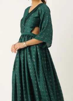 Teal Green Art Silk Foil Printed Maxi Dress Festive Wear