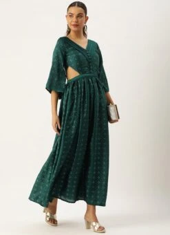 Teal Green Art Silk Foil Printed Maxi Dress Festive Wear -ZariGrace Shop Teal Green Art Silk Foil Printed Maxi Dress DRBS02211113 u