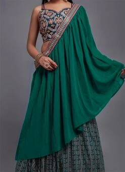 Teal Green Embroidery Batik Printed Viscose Umbrella Lehenga Party Wear