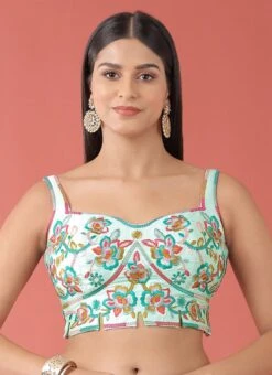 Turquoise Blue Silk Embroidery Blouse Party Wear -ZariGrace Shop Turquoise Blue Silk Embroidery Blouse BLSPFB164TBL u