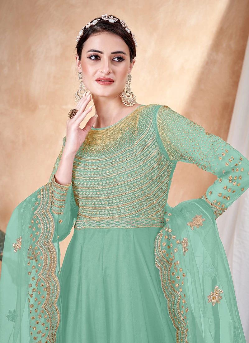 Turquoise Net Embroidered Anarkali Suit Party Wear 6 Turquoise Net Embroidered Anarkali Suit Party Wear - Image 4