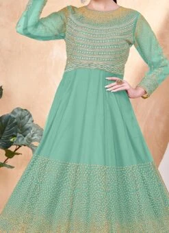 Turquoise Net Embroidered Anarkali Suit Party Wear