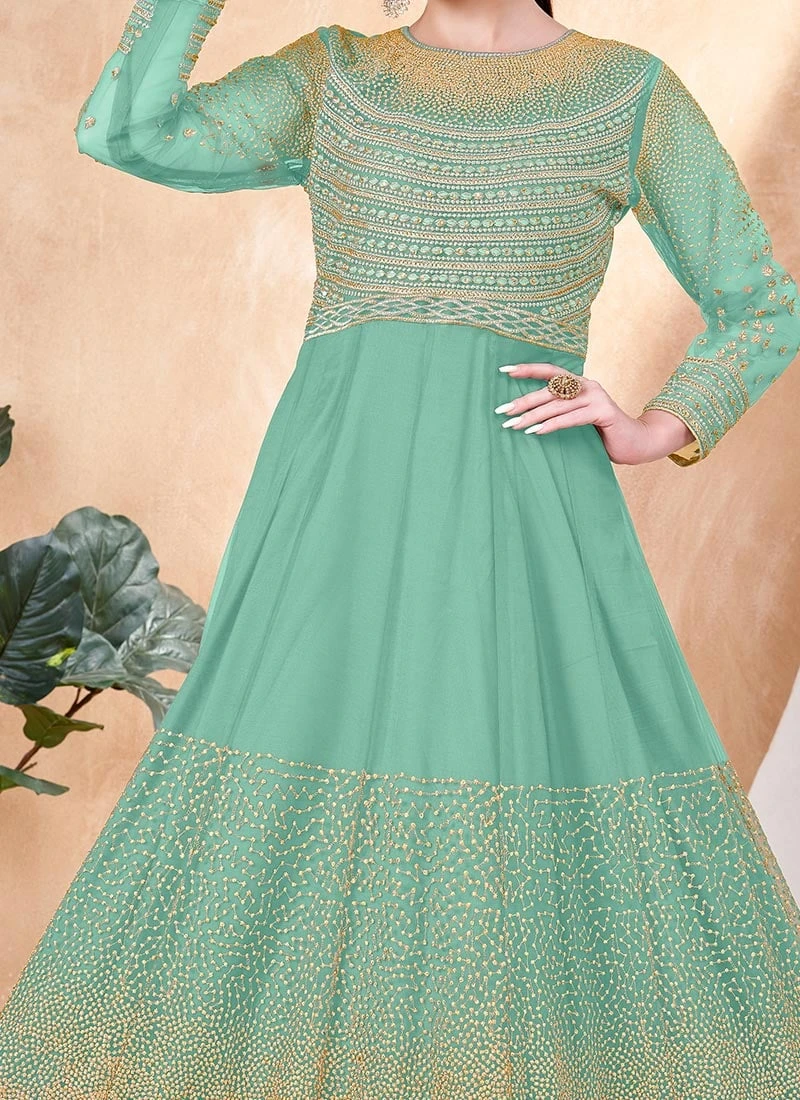 Turquoise Net Embroidered Anarkali Suit Party Wear 3 Turquoise Net Embroidered Anarkali Suit Party Wear