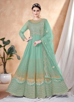 Turquoise Net Embroidered Anarkali Suit Party Wear 8 Turquoise Net Embroidered Anarkali Suit Party Wear -ZariGrace Shop Turquoise Net Embroidered Anarkali Suit SLSDC10233 u