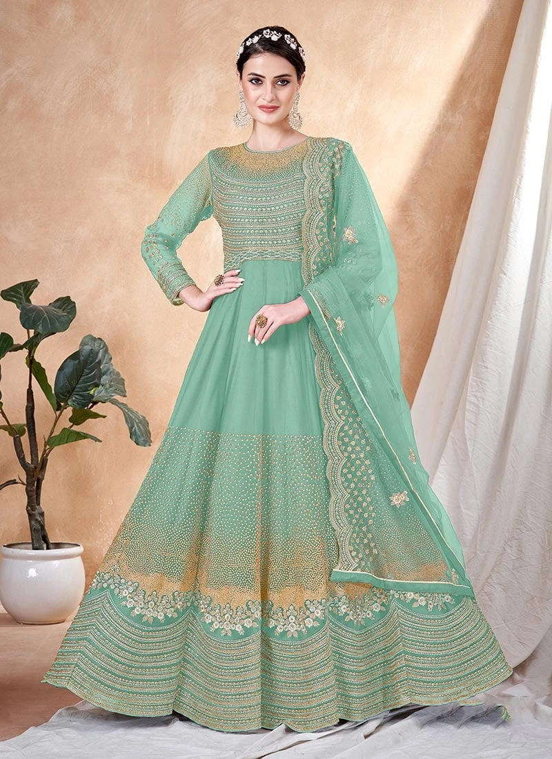 Turquoise Net Embroidered Anarkali Suit Party Wear 5 Turquoise Net Embroidered Anarkali Suit Party Wear - Image 3