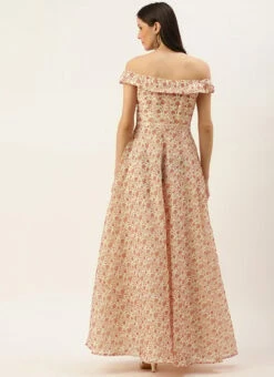 White Art Silk Digital Printed Off Shoulder Dress After Six Wear -ZariGrace Shop White Art Silk Digital Printed Off Shoulder Dress DRBS02205894 b 1