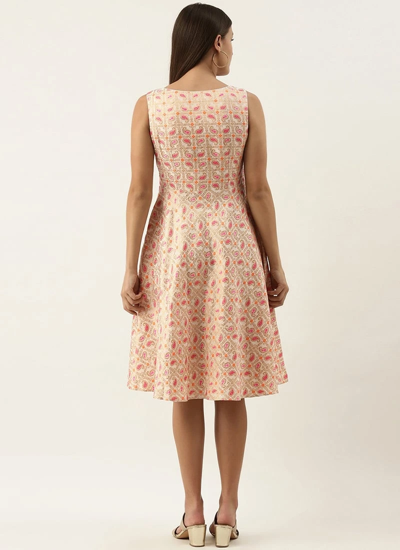 White Brocade Boat Neck Flared Dress Festive Wear 6 White Brocade Boat Neck Flared Dress Festive Wear - Image 4