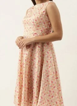 White Brocade Boat Neck Flared Dress Festive Wear