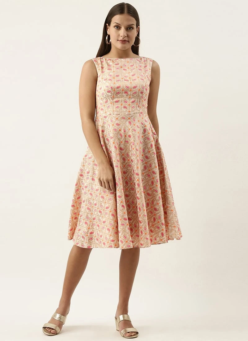 White Brocade Boat Neck Flared Dress Festive Wear 5 White Brocade Boat Neck Flared Dress Festive Wear - Image 3