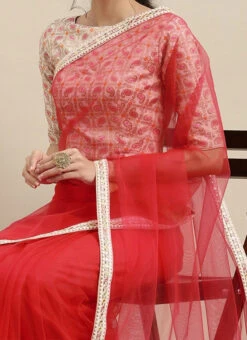 White Brocade N Pink Net Border Saree Festive Wear